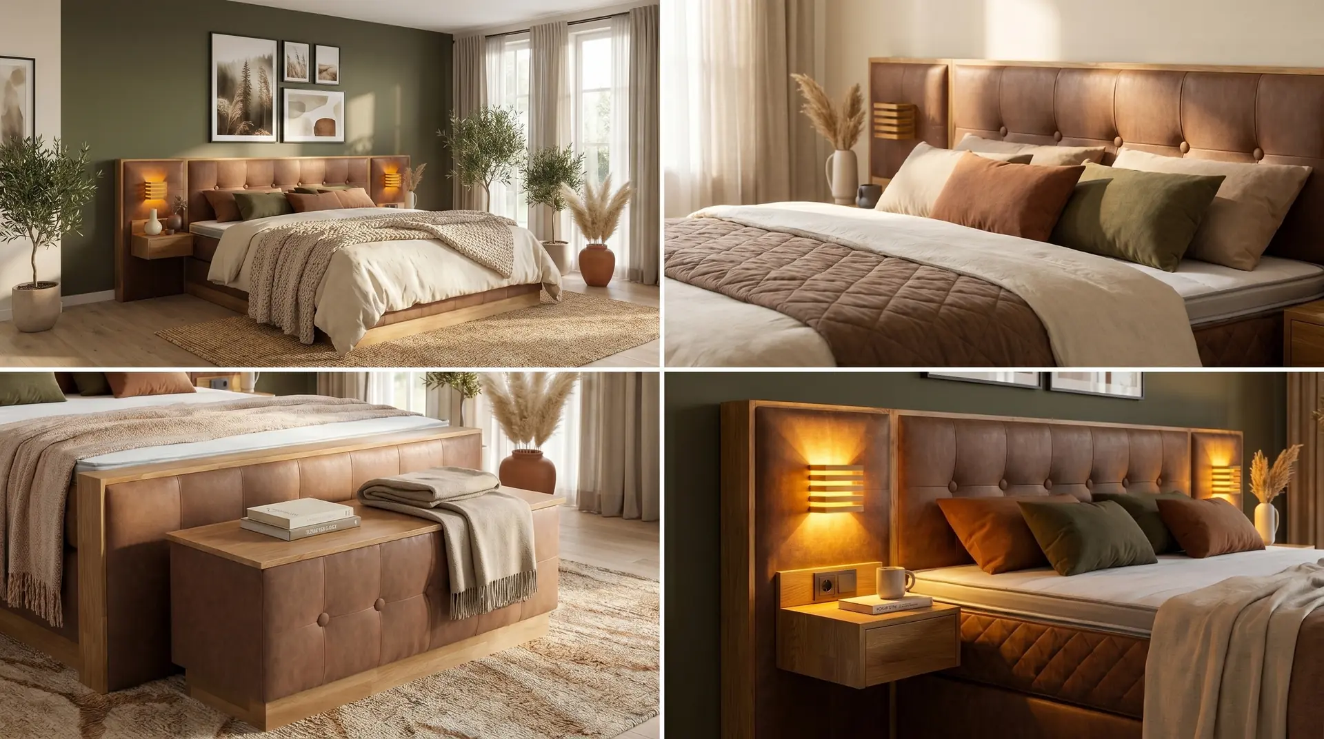 Boxspringbett mit Holzrahmen und Lederkopfteil, Nachttisch mit Lampe. Decken und Kissen in Braun- und Beigetönen.