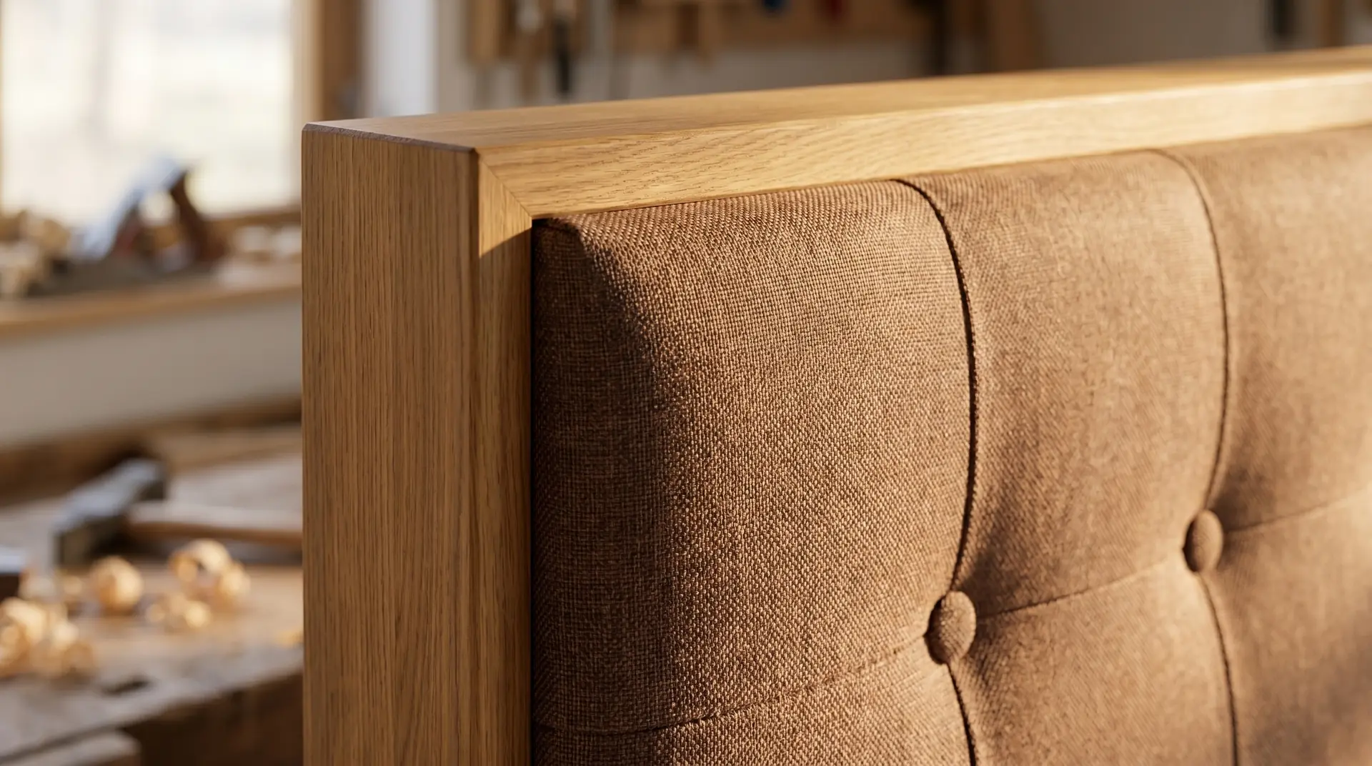 Nahaufnahme von Boxspringbett mit Holzrahmen und braunem Stoffkopfteil mit Knöpfen. Werkstatt im Hintergrund.