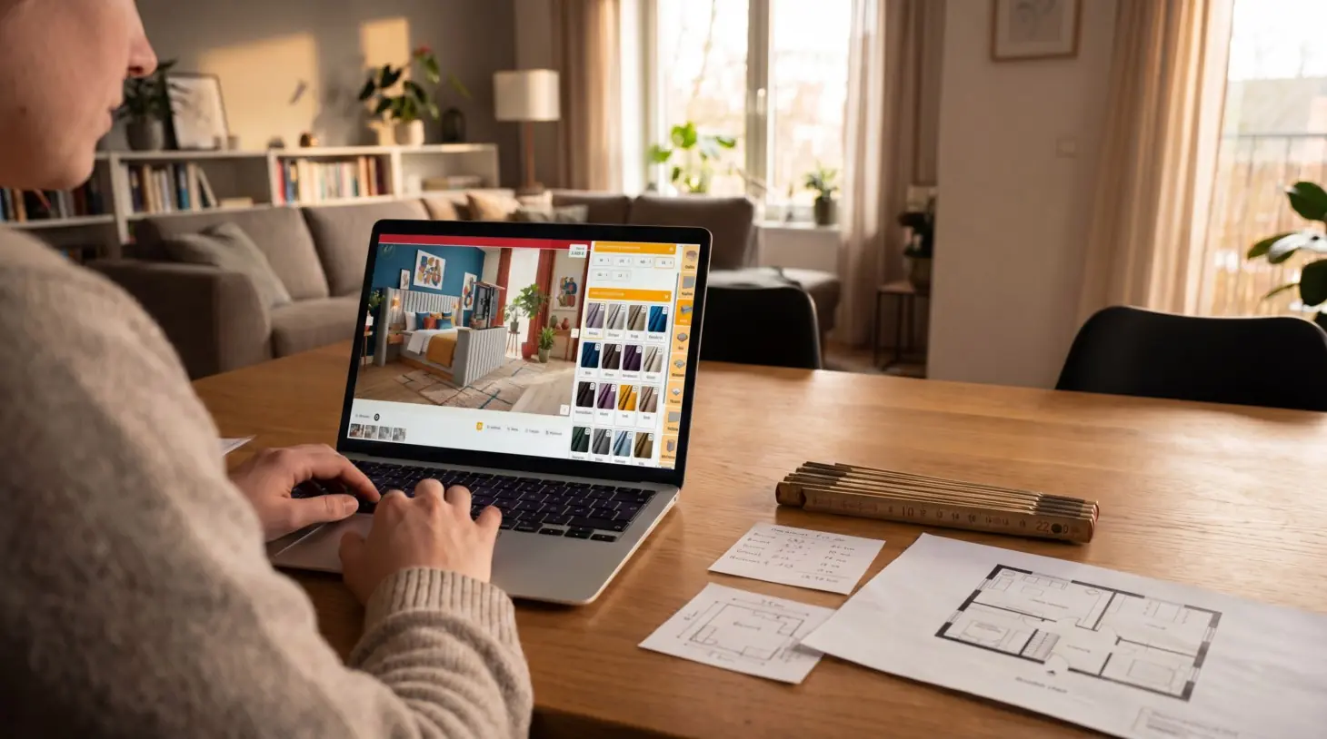 Eine Person sitzt mit Laptop am Esstisch und plant ein Boxspringbett im Online-Konfigurator, daneben liegen Zollstock, Not...