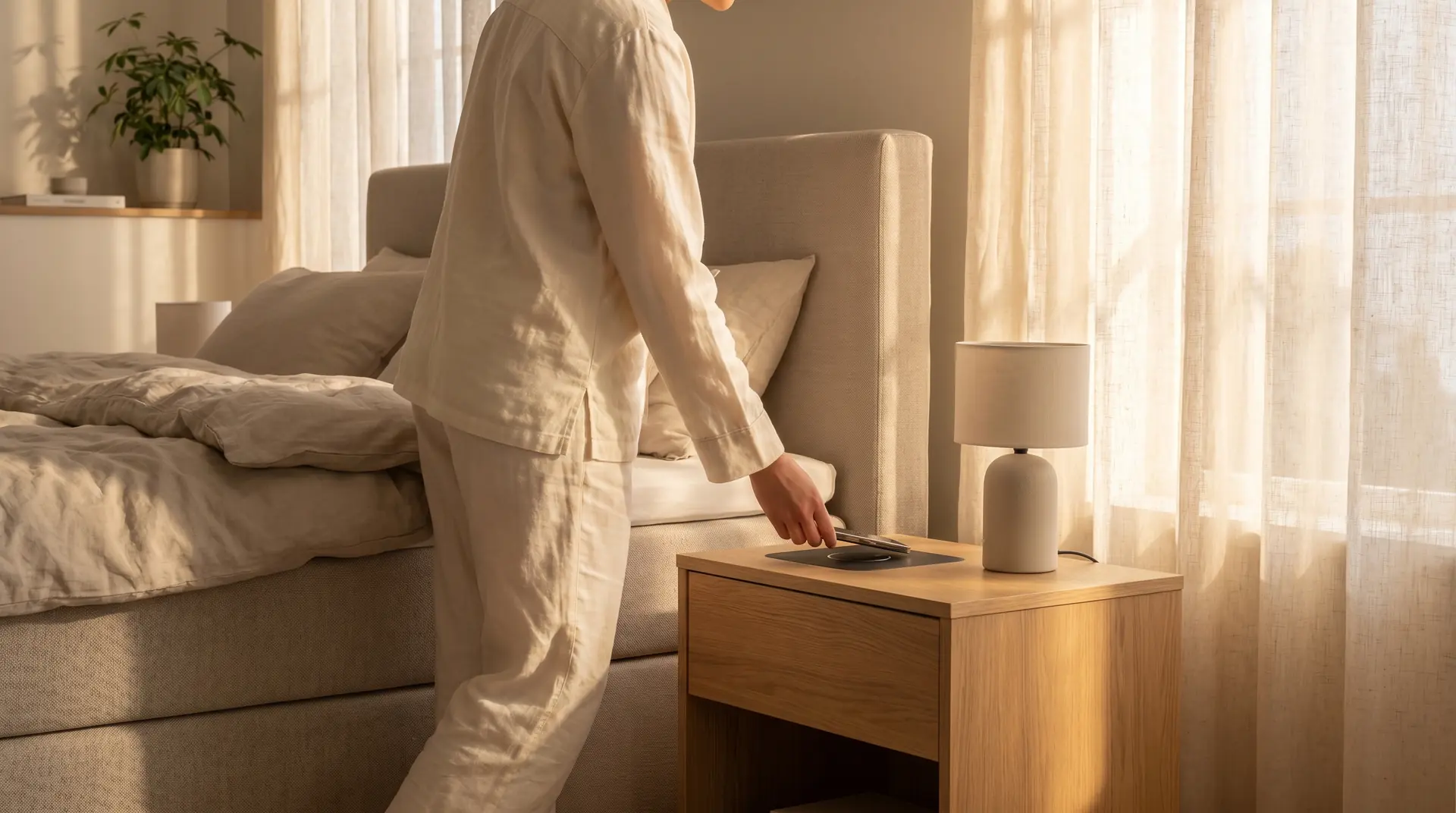 Person legt Smartphone auf Nachttisch mit integrierter, induktiver Ladestation neben Boxspringbett.