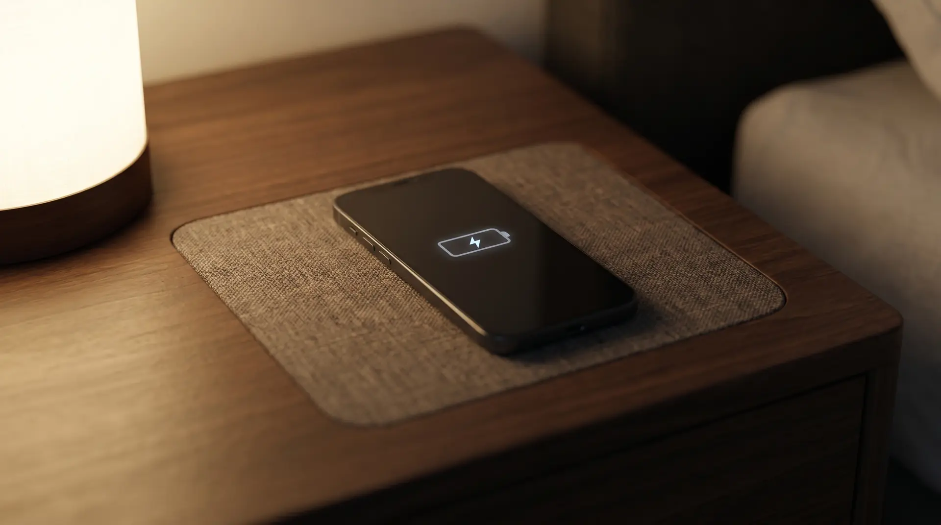 Smartphone lädt kabellos auf Nachttisch mit integrierter induktiver Ladefläche neben Nachttischlampe.