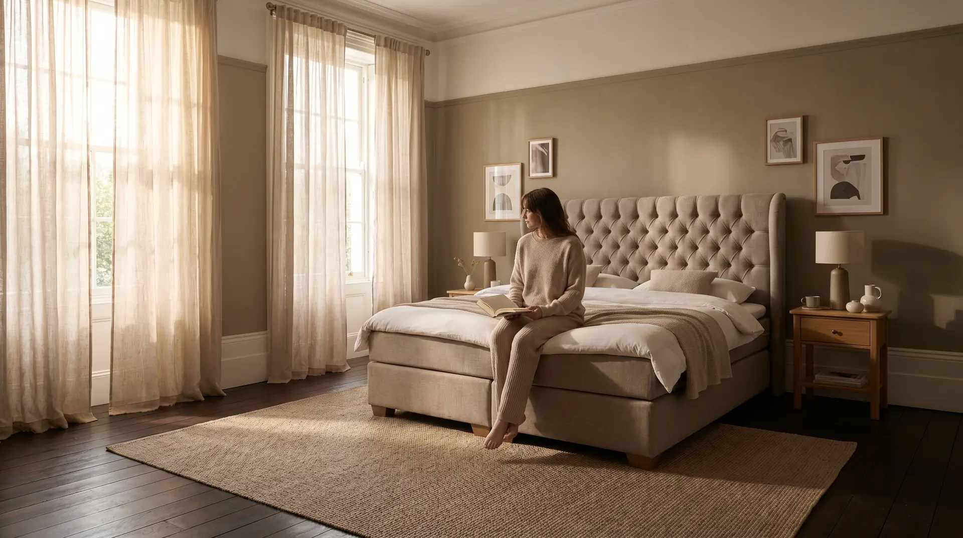 Frau sitzt auf Chesterfield Boxspringbett und liest Buch. Raum mit Vorhängen und Teppich.