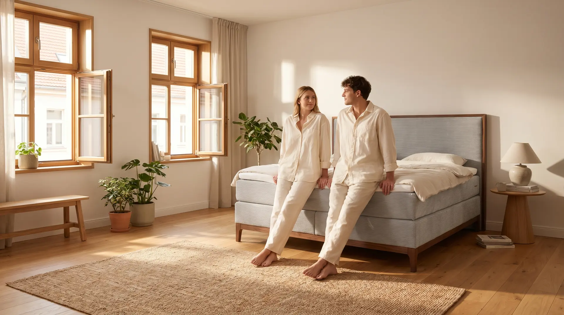 Paar in hellem Schlafanzug sitzt auf Boxspringbett mit hellblau gestreiftem Bezug.