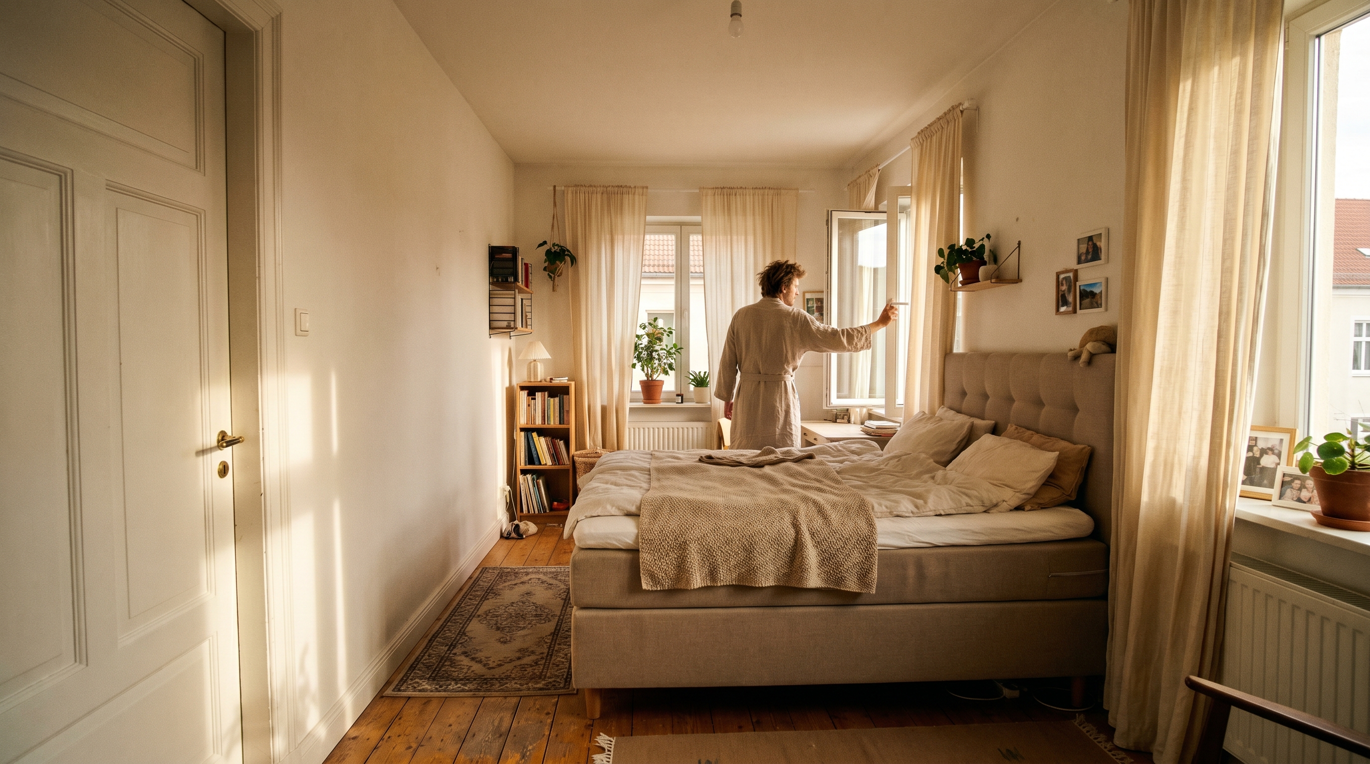 Boxspringbett in Schlafzimmer. Person im Bademantel öffnet Fenster. Regal, Pflanzen, Teppich.
