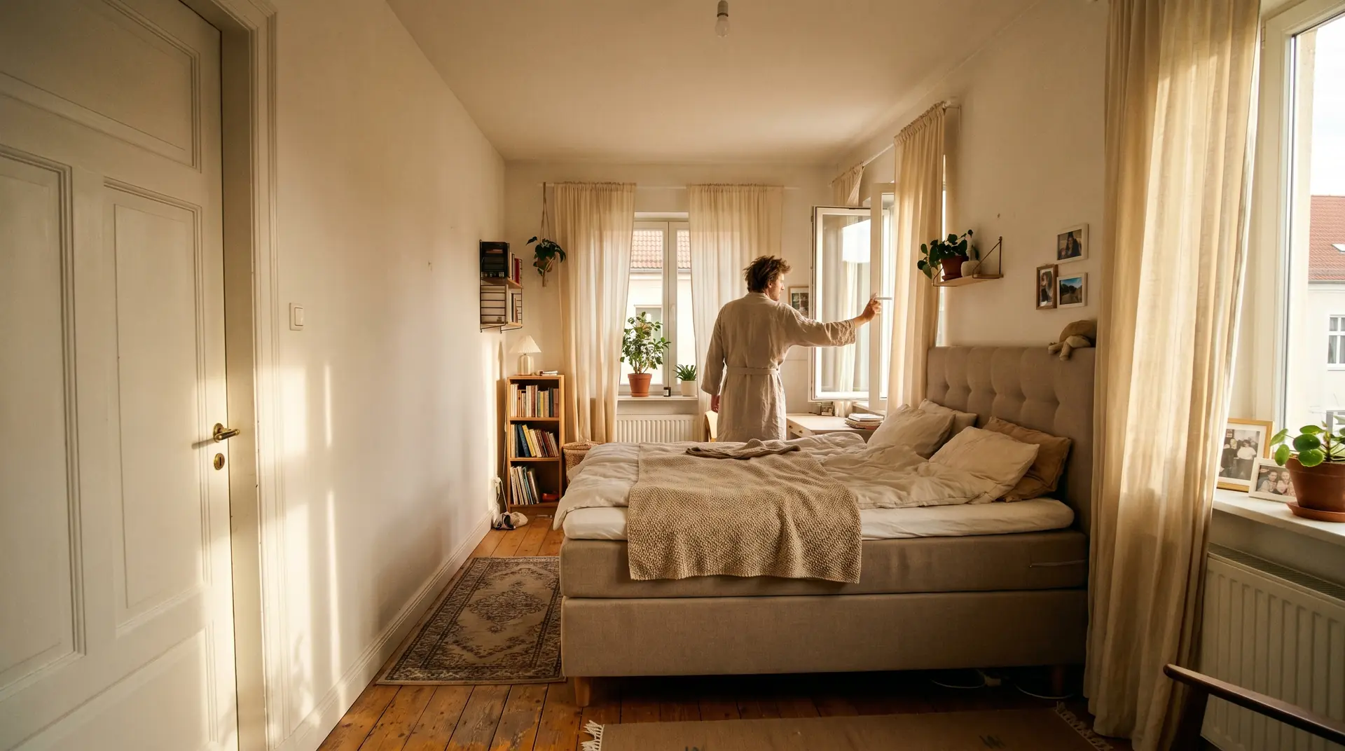 Boxspringbett in Schlafzimmer. Person im Bademantel öffnet Fenster. Regal, Pflanzen, Teppich.
