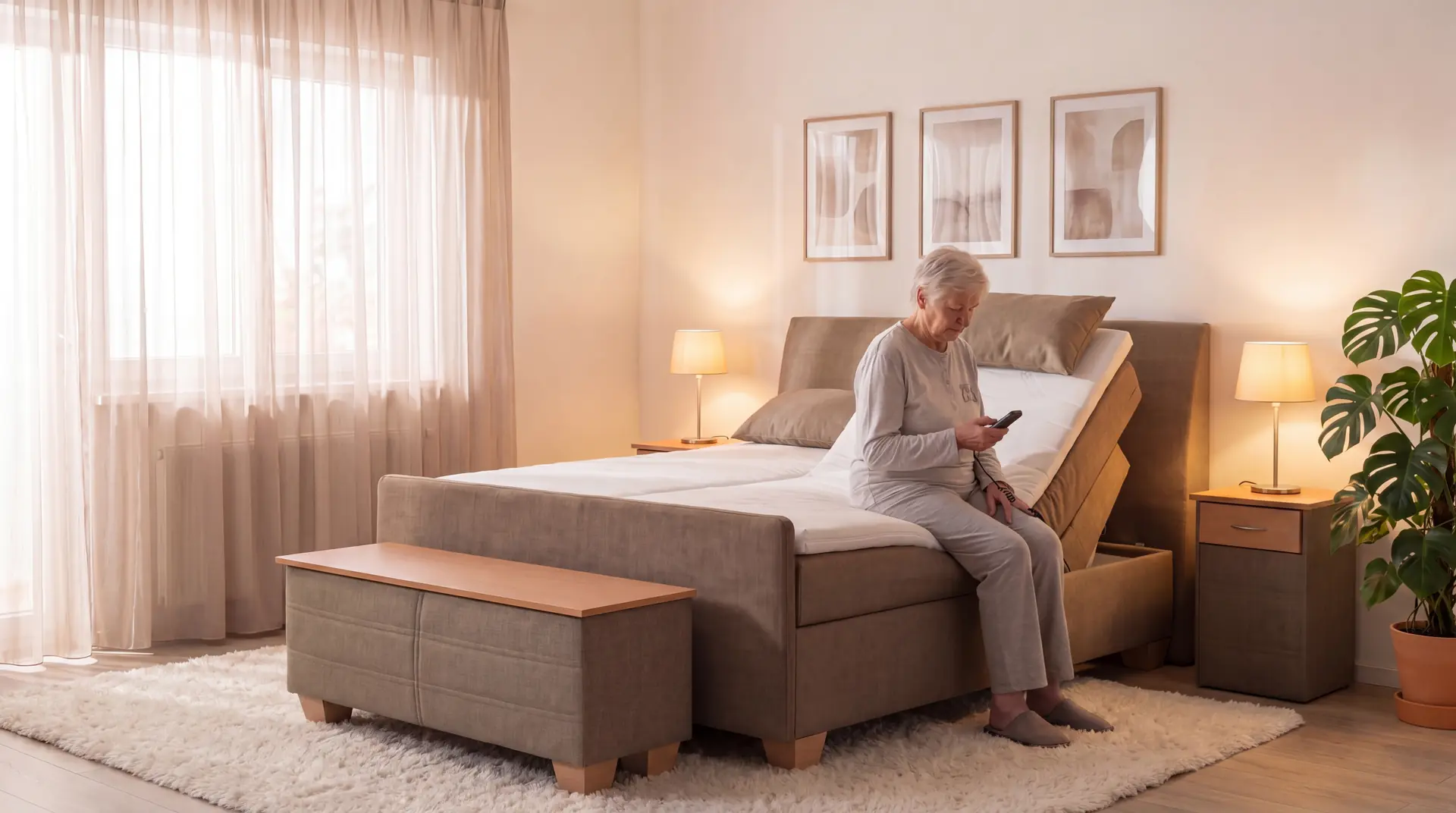 Eine ältere Person sitzt morgens am Bettrand eines elektrisch verstellbaren Boxspringbetts und fährt den Oberkörperbereich...
