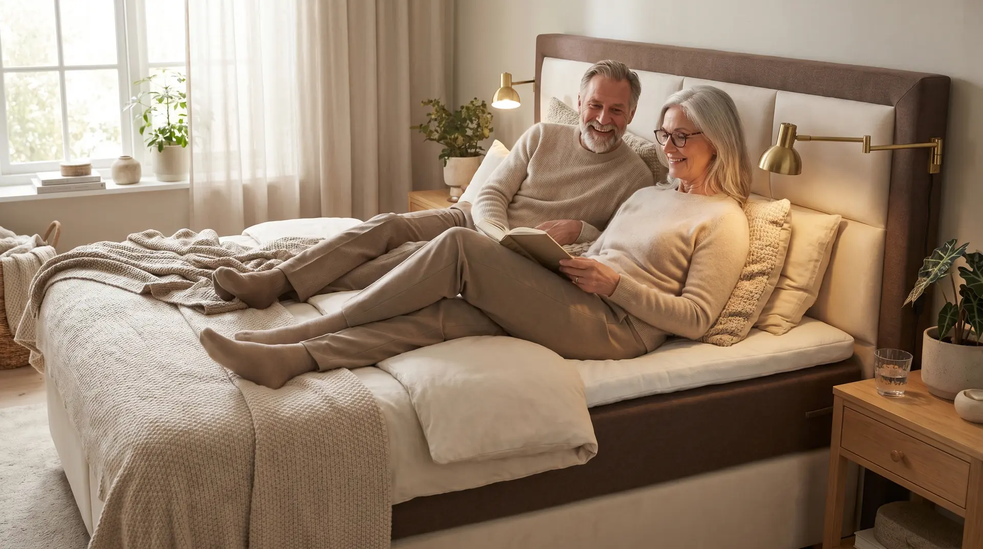 Älteres Paar liest gemeinsam im Boxspringbett. Nachttischlampe, Fenster, Bettdecke.