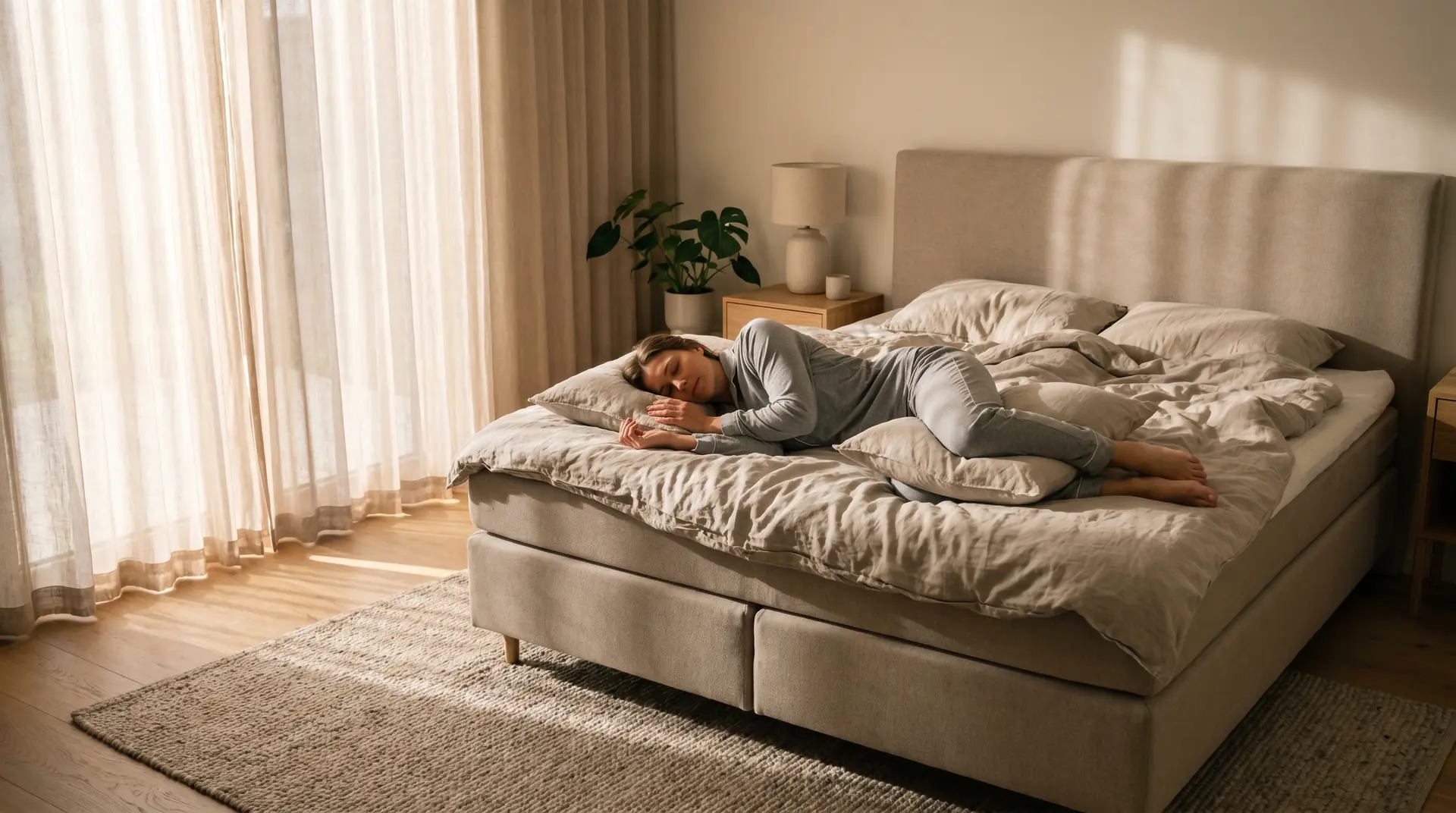 Frau liegt in Seitenlage auf einem Boxspringbett, Bein auf Kissen, in hellem Schlafzimmer.