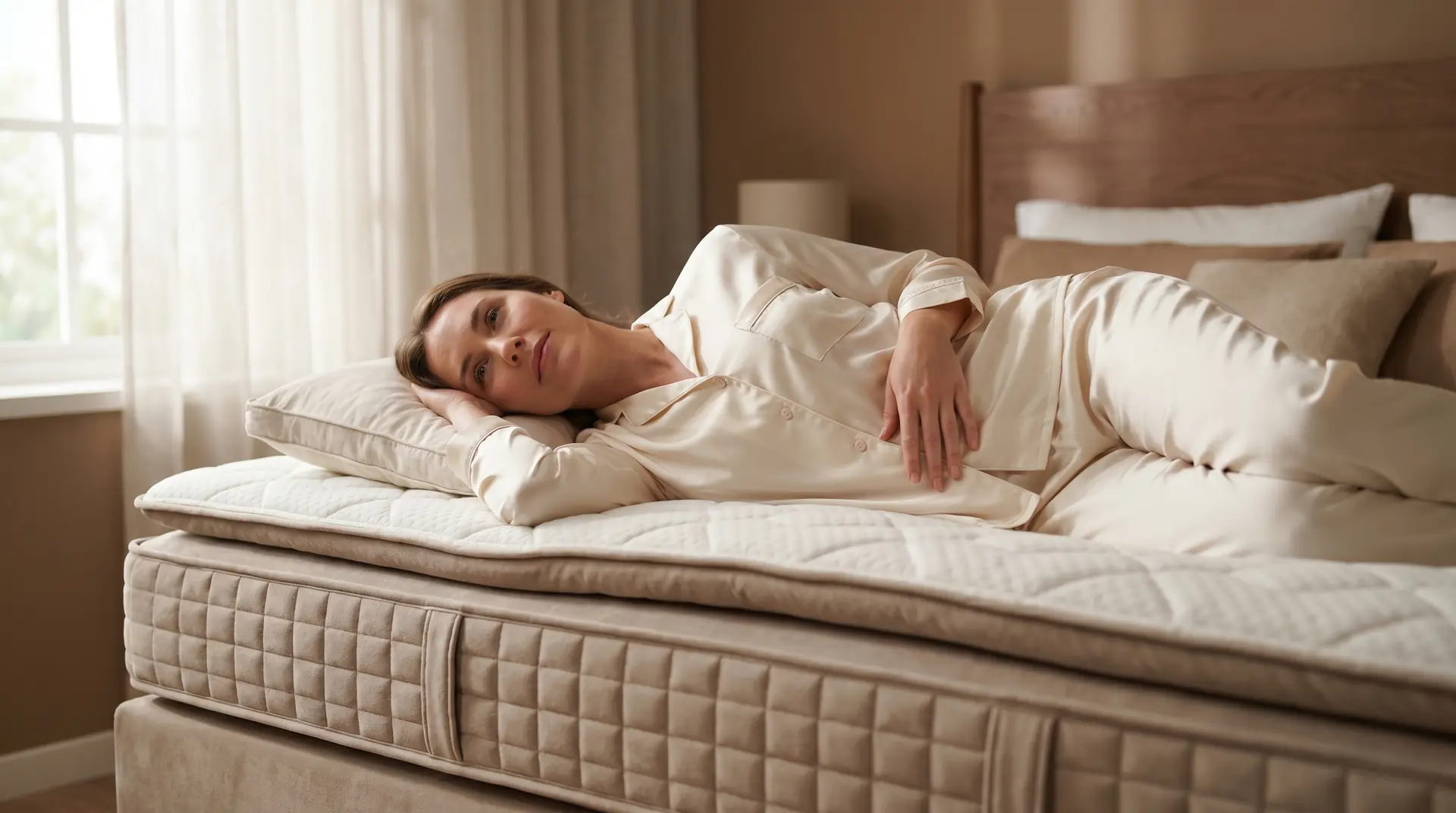 Frau liegt auf Boxspringbett, seitliche Schlafposition. Bett hat Matratzenauflage und Kissen.