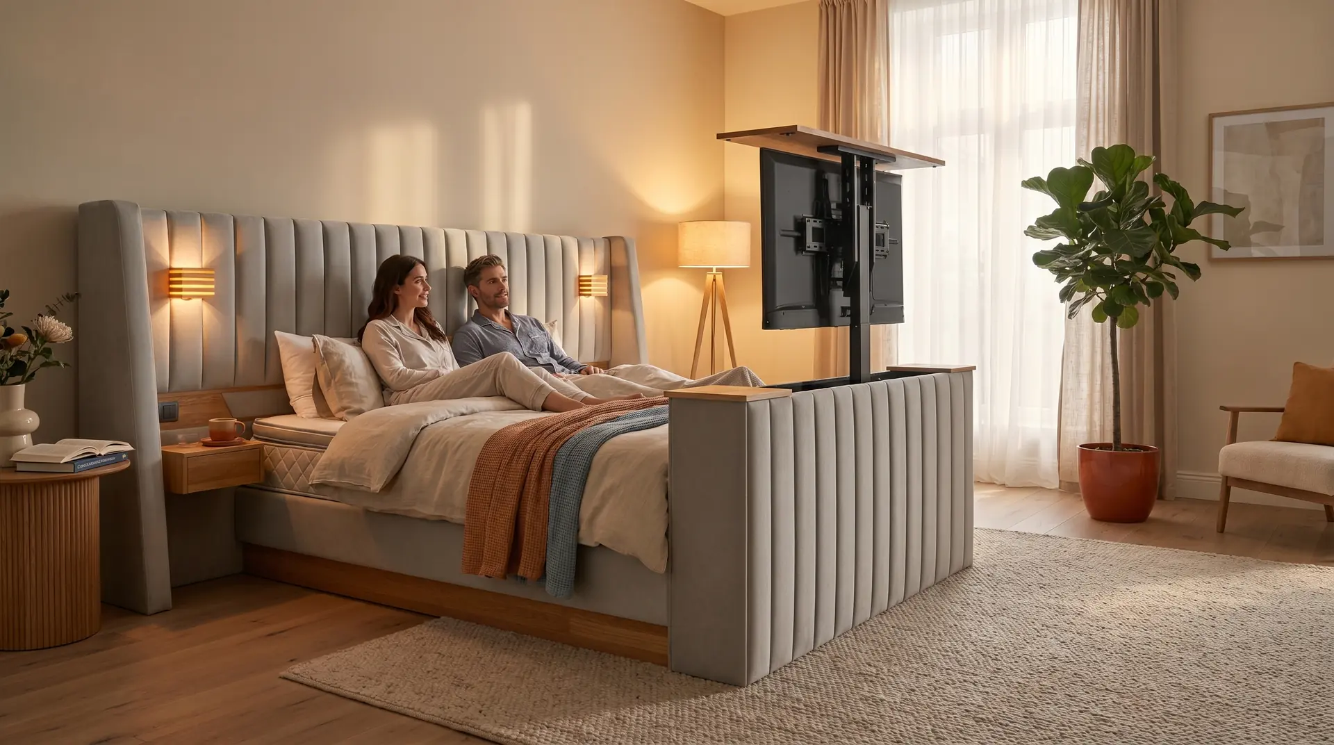 Paar liegt im Boxspringbett mit integriertem Fernseher. Der TV ist hochgefahren und im Betrieb.