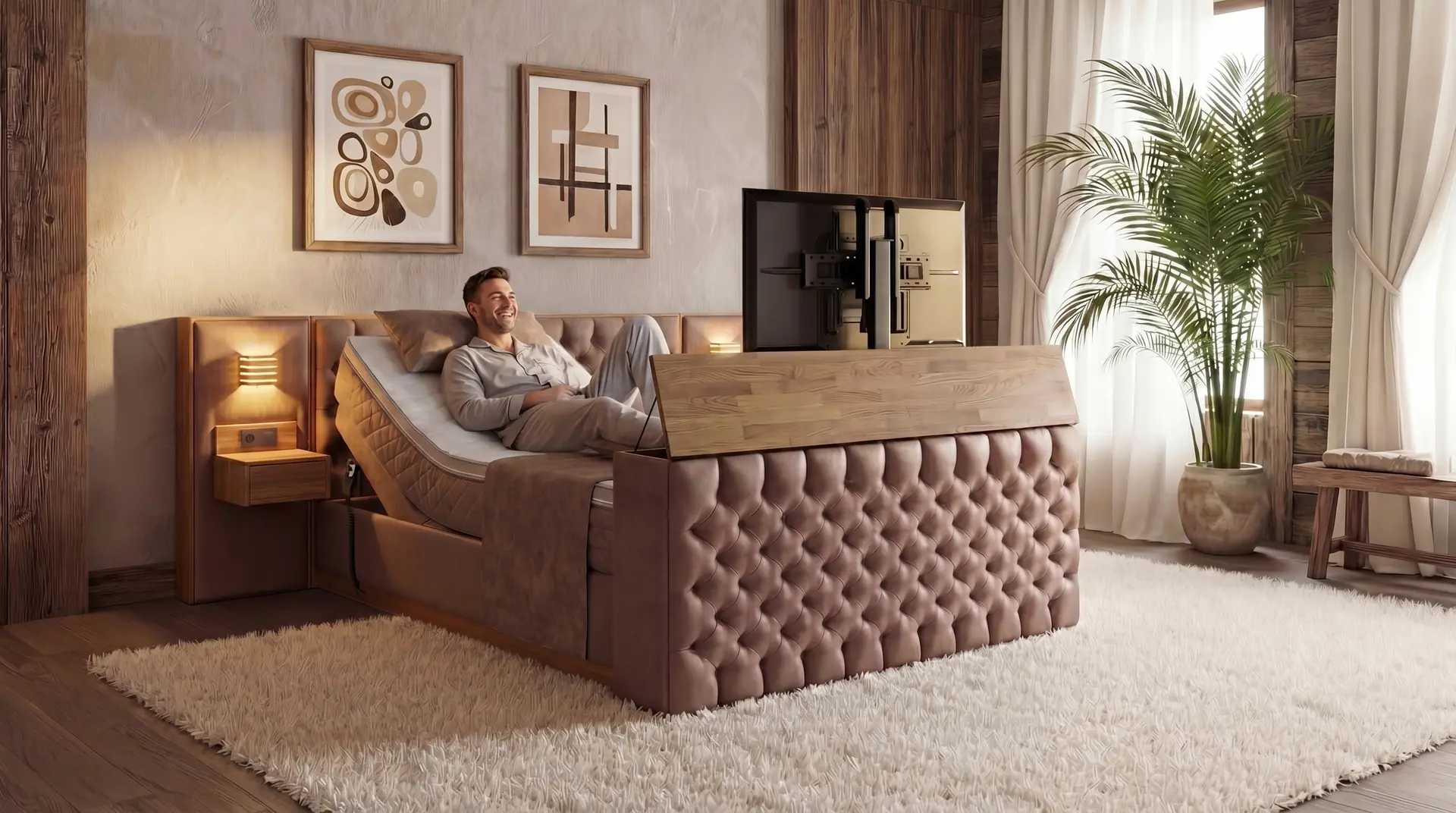 Mann liegt in verstellbarem Boxspringbett mit integriertem TV am Fußende. Zimmer mit Deko.